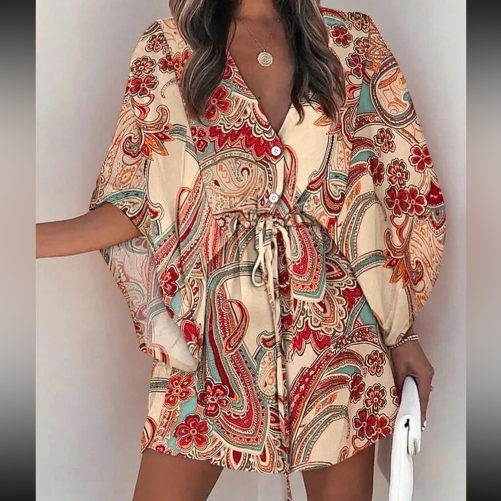 Boho floral tropical print button detail  knot front mini  dress